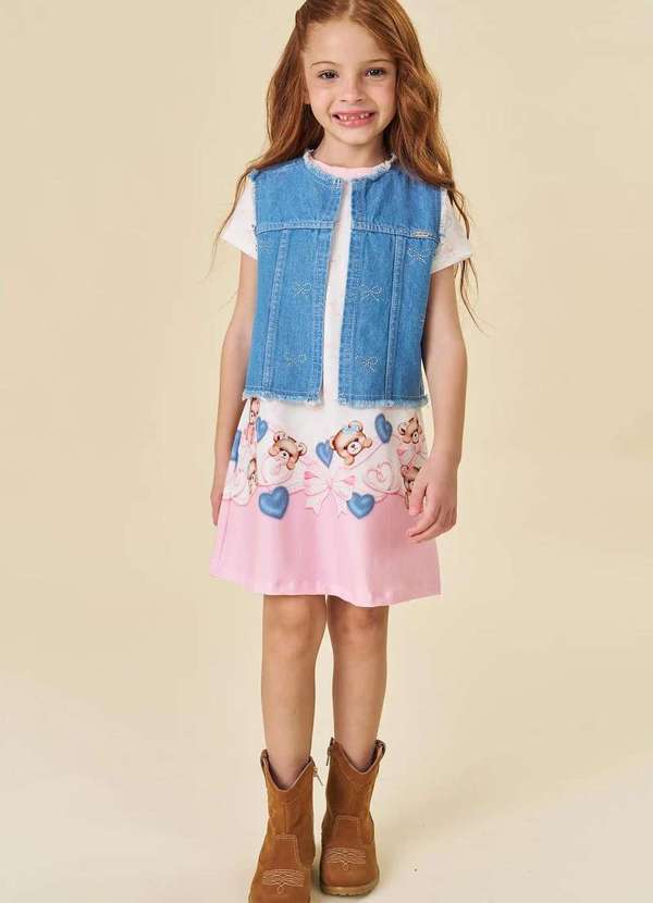 Infanti - Vestido Infantil Infanti com Colete Jeans Estampado