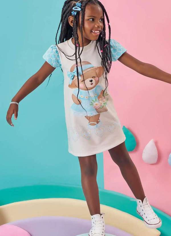 Kukiê - Vestido Infantil Kukiê Ursinha com Flores Estampado