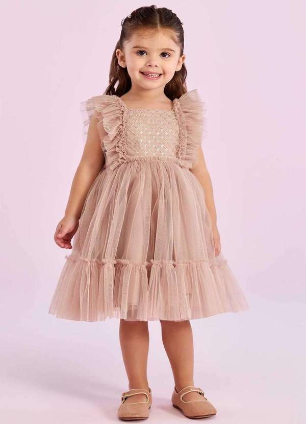 Petit Cherie - Vestido Infantil Petit Cherie Tule Rosê Marrom