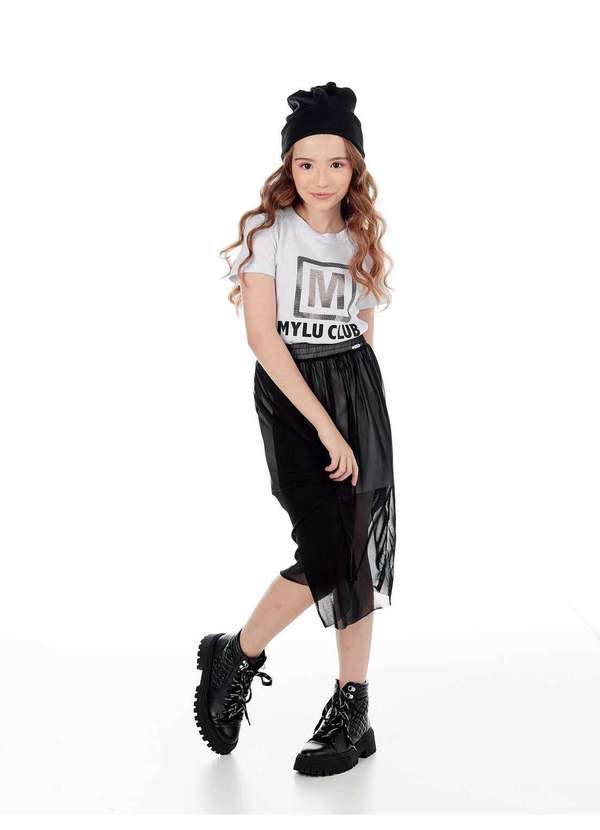 Mylu - Vestido Linha a com Saia Tule Sobreposição Mylu Preto 4