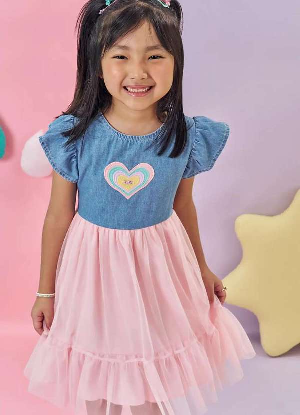 Kukiê - Vestido Menina Estampado Jeans Rosa Kukiê Jeans