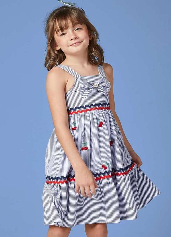 Luluzinha - Vestido Rodado em Tricoline Fio Tinto Listrado Luluzinha Estampado
