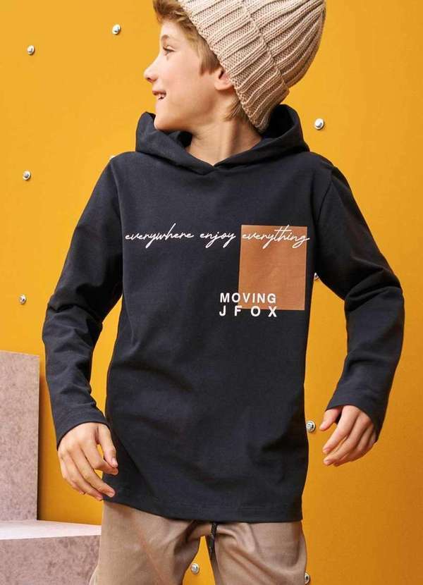 Johnny Fox - Blusa Infantil Manga Longa Preto Capuz Johnny Fox Preto