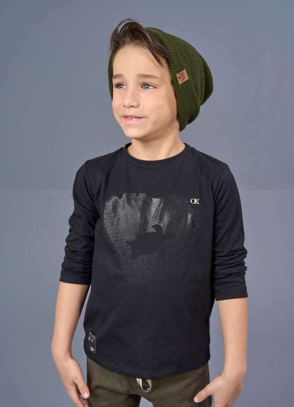 Ok e Pakita - Camiseta em Malha de Algodão e Silk Gel Preta Ok&Friends Preto