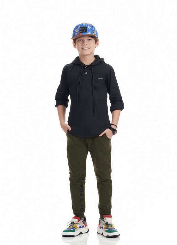 Ok e Pakita - Camiseta Infantil Manga Longa Capuz Preta Ok Pakita Preto