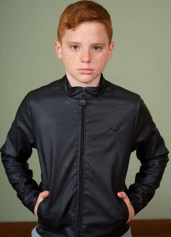 Ok e Pakita - Jaqueta Infantil Masculina em Material Sintético Preto