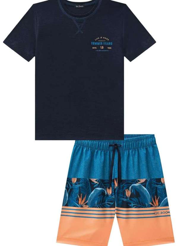 Lucboo - Conjunto de Camiseta em Malha Flamê Infantil Lucboo Azul Marinho