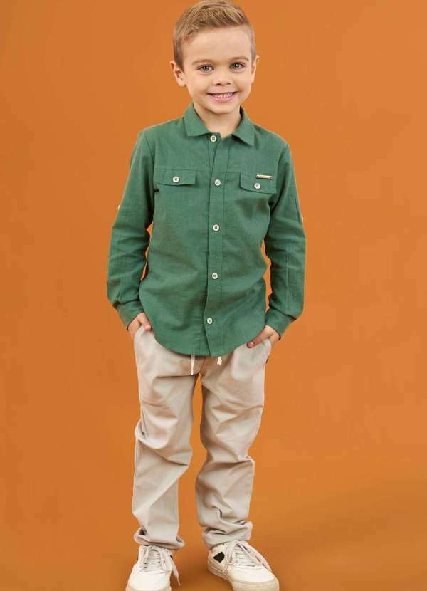 Ok e Pakita - Conjunto Menino Camisa Botões Verde Ok&Friends Verde