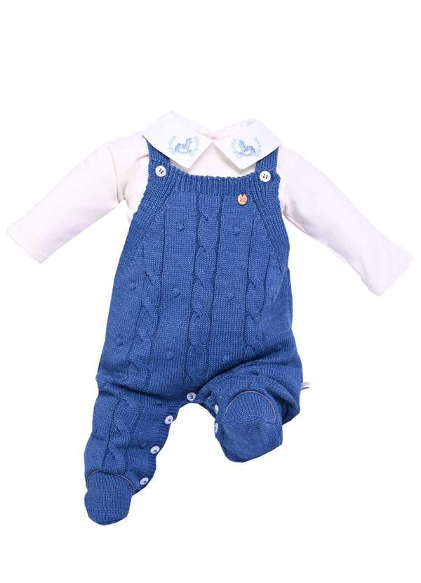 Beth Bebê - Conjunto Beth Bebê Tricô Azul com Body Bordado Azul Marinho