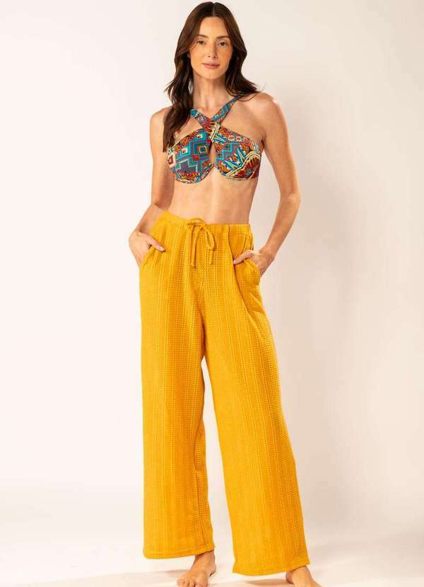 Apneia - Calça Pantalona Tricot Mostarda Amarelo