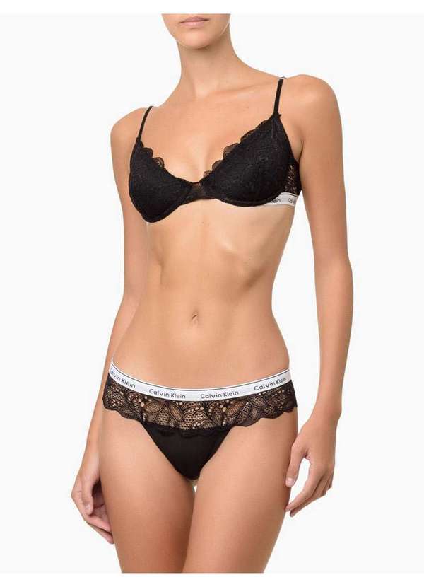 Calvin Klein Jeans - Calcinha Fio Dental String Modern Lace Calvin Klein Underwear - P Preto