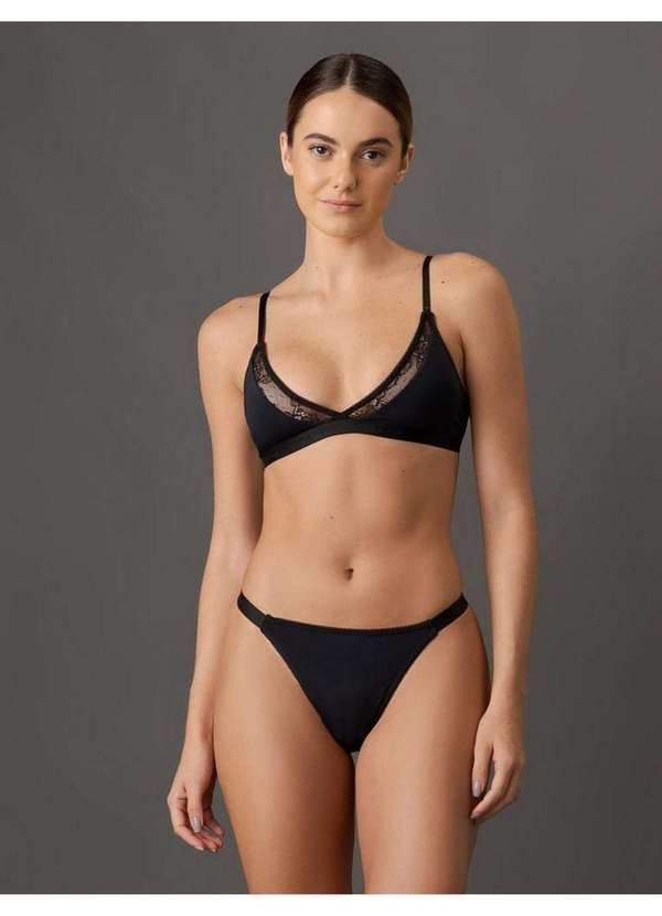 Calvin Klein Jeans - Calcinha Fio Dental String Soft Lace Calvin Klein Underwear - Pre Preto
