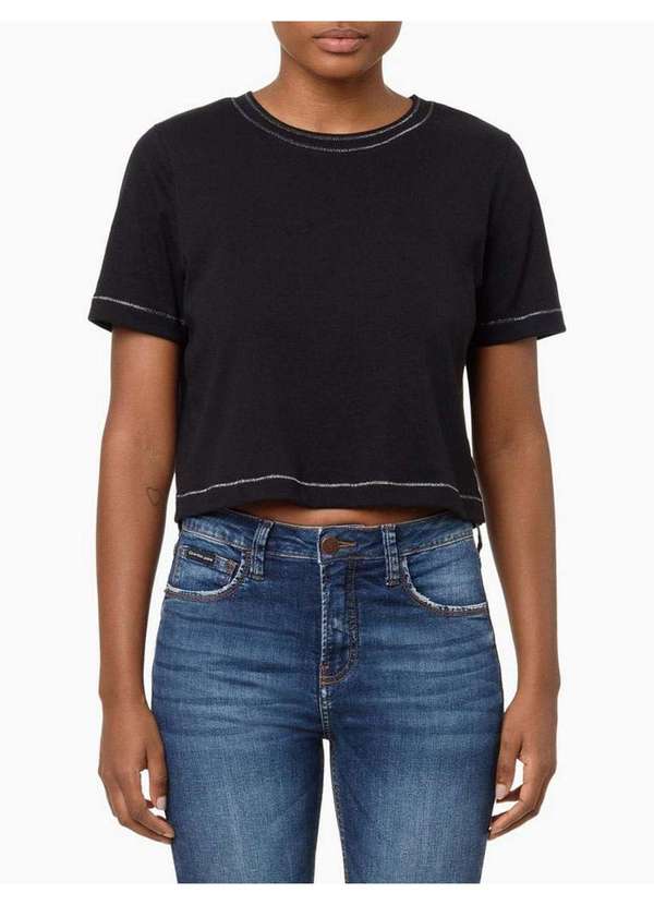 Calvin Klein Jeans - Camiseta Feminina Cropped Trançador Metalizado - Preto Preto 2