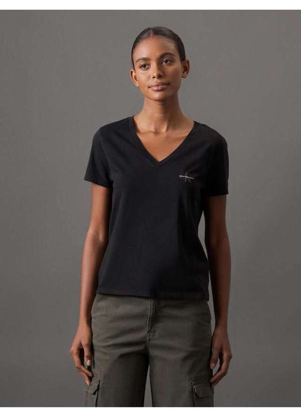 Calvin Klein Jeans - Camiseta Feminina Decote V - Preto Preto