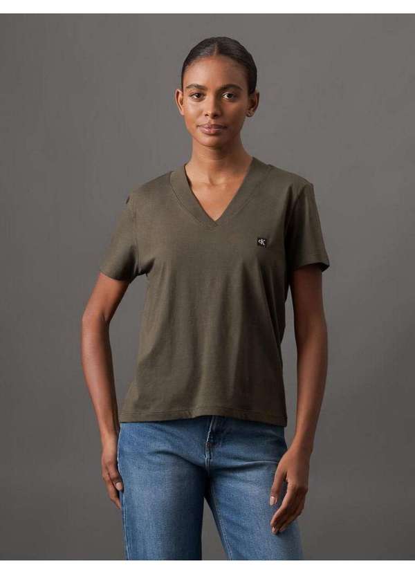 Calvin Klein Jeans - Camiseta Feminina Gola V Egípcio Calvin Klein Jeans - Militar Verde