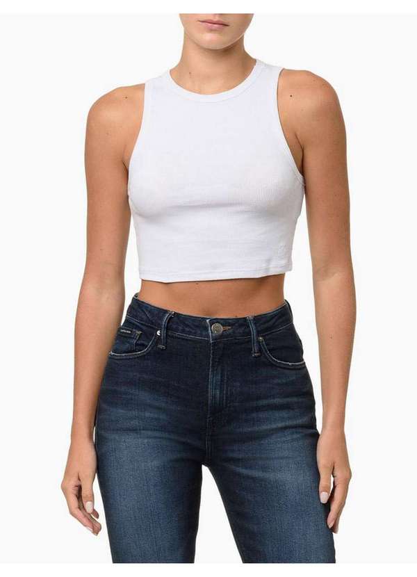 Calvin Klein Jeans - Regata Feminina Cropped Ribana - Branco Branco 3
