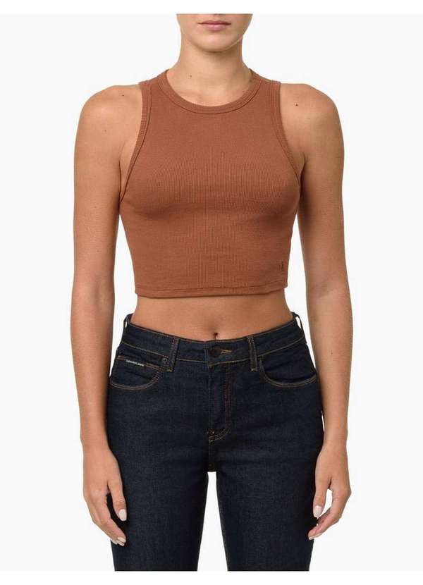 Calvin Klein Jeans - Regata Feminina Cropped Ribana - Caqui Medio Bege 1