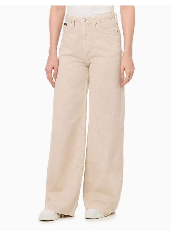 Calvin Klein Jeans - Calça Feminina Wide Leg Barras a Fio Calvin Klein Jeans - Areia Bege
