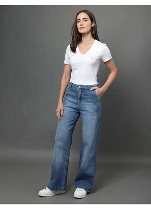 Calça Jeans Feminina Wide Leg Bolso Faca Calvin Klein Azul Médi