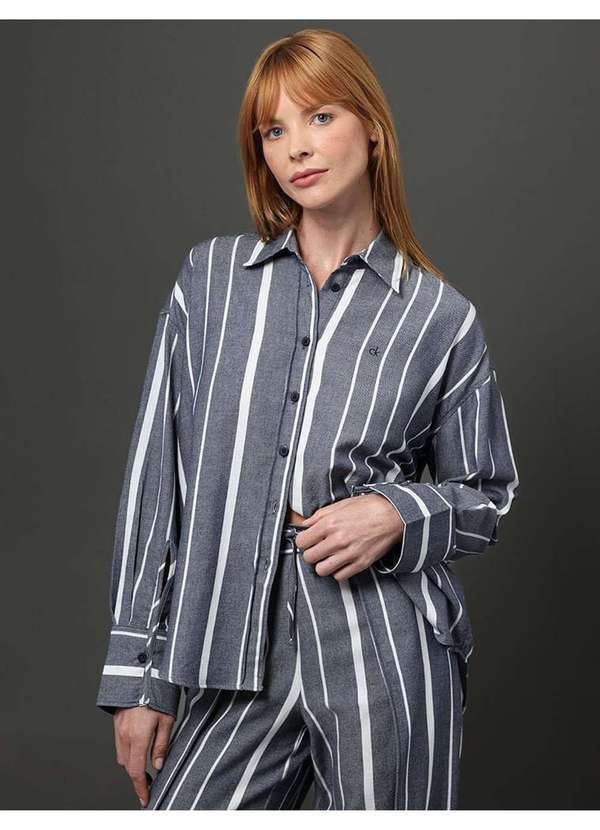 Camisa Feminina Listrada Calvin Klein Marinho Azul Calvin Klein