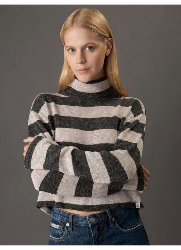 Calvin Klein Jeans - Tricot Feminino Listrado Gola Alta Calvin Klein Jeans - Areia Bege 5