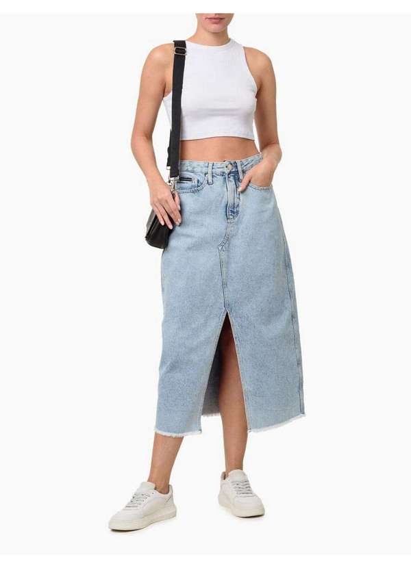 Calvin Klein Jeans - Saia Jeans Feminina Midi Bordado Calvin Klein Jeans - Azul Claro Azul 2