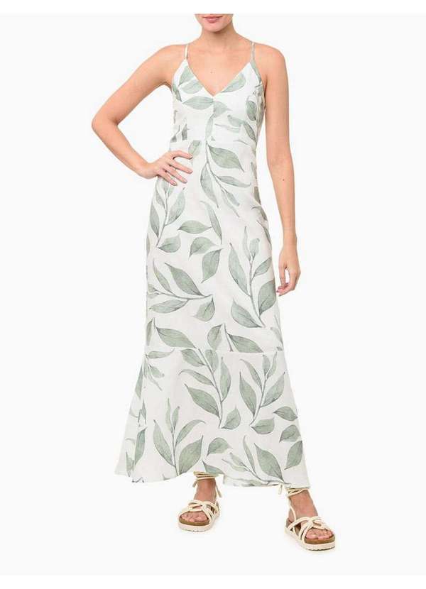 Calvin Klein Jeans - Vestido Feminino Longo Linho Estampado - Branco Branco 2