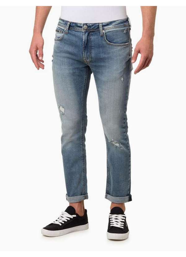 Calça Jeans Masculina Skinny Embossed e Puídos Azul Médio Azul