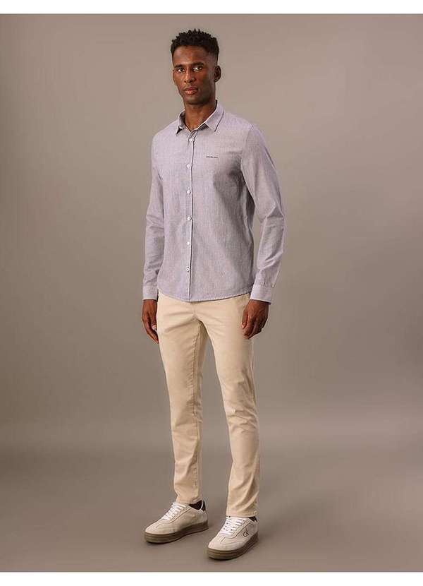 Calvin Klein Jeans - Camisa Manga Longa Slim Listrada Silk Logo Calvin Klein Jeans - a Azul