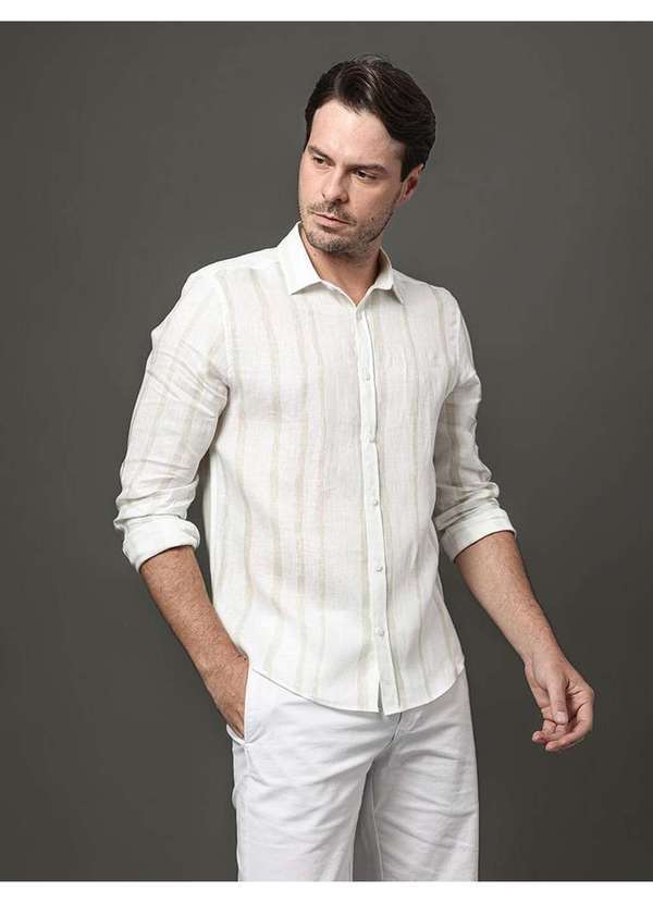 Calvin Klein Jeans - Camisa Masculina Linen Listras Calvin Klein - Branco Branco 5