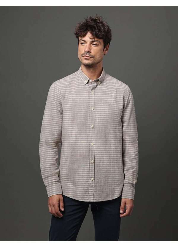 Calvin Klein Jeans - Camisa Masculina Slim Listras Calvin Klein Jeans - Caqui Medio Bege