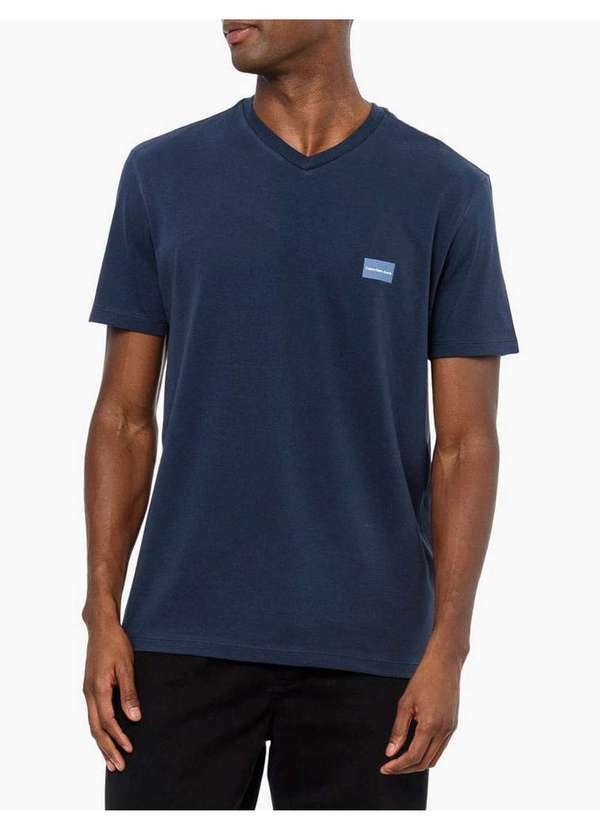 Calvin Klein Jeans - Camiseta Masculina Gola V Básica Logo no Peito Calvin Klein Jeans Azul