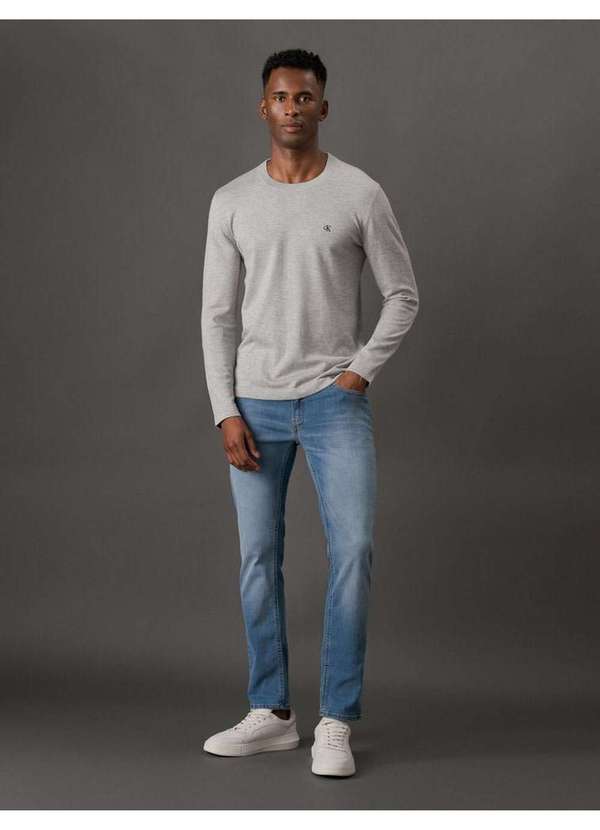 Calvin Klein Jeans - Tricot Masculino Gola Careca com Logo Calvin Klein Jeans - Mescla Cinza