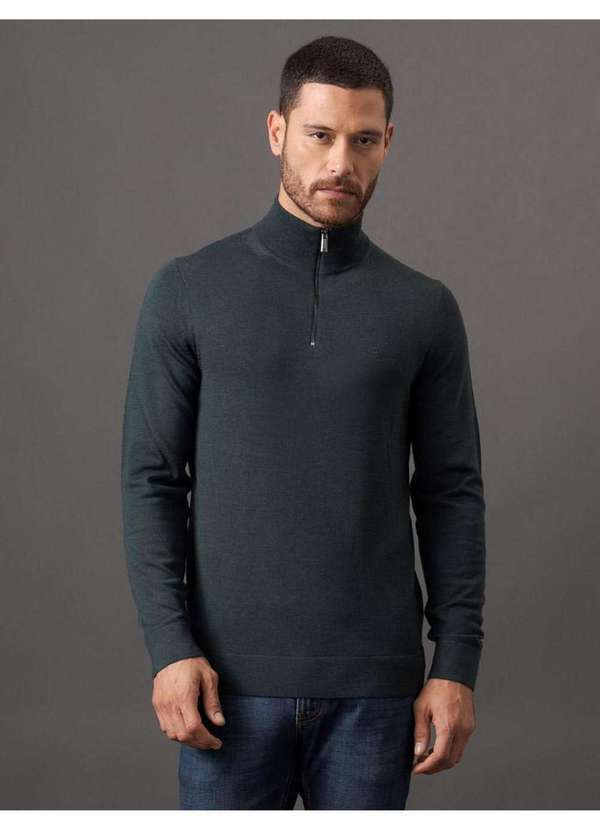 Calvin Klein Jeans - Tricot Masculino Lã Gola Alta Calvin Klein - Verde Escuro Verde