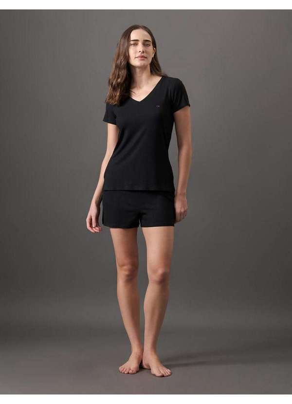 Calvin Klein Jeans - Pijama Feminino Manga Curta e Short Canelado Calvin Klein Underwe Preto