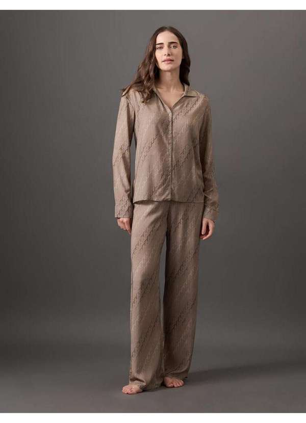 Calvin Klein Jeans - Pijama Feminino Plano Manga Longa e Calça Calvin Klein Underwear Bege