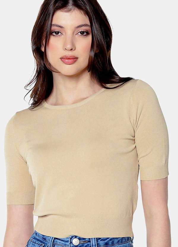 Sob - Blusa Bege Básica Viscose Manga Curta - Bege