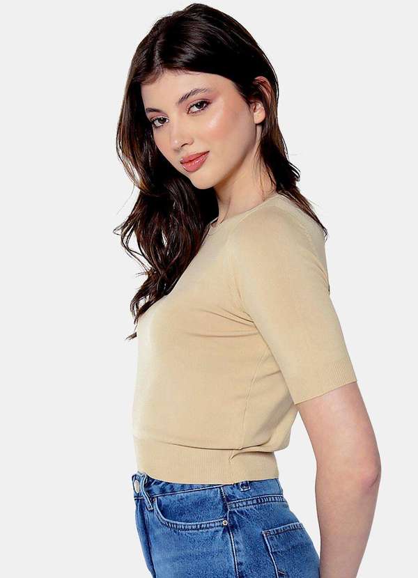Sob - Blusa Bege Básica Viscose Manga Curta - Bege 3