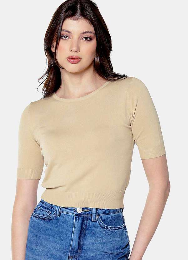 Sob - Blusa Bege Básica Viscose Manga Curta - Bege 4