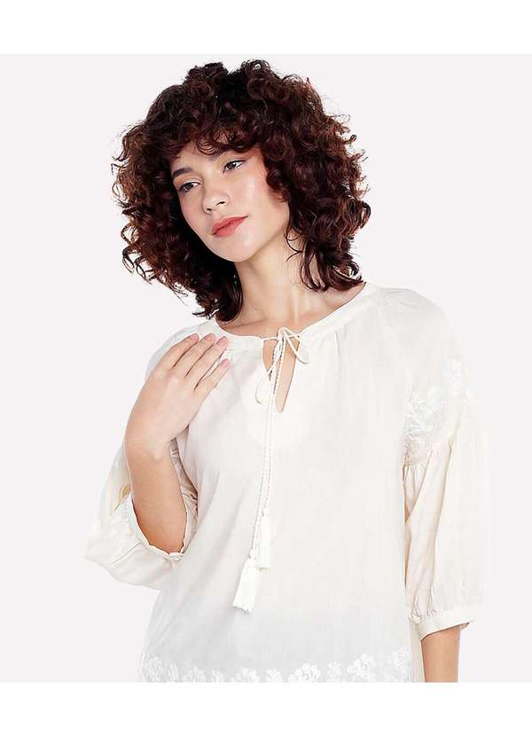 Sob - Blusa de Linho com Viscose Mangas Bordada Boho Bege 2