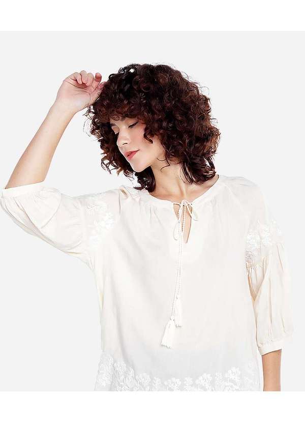 Sob - Blusa de Linho com Viscose Mangas Bordada Boho Bege 3