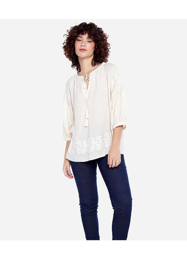 Sob - Blusa de Linho com Viscose Mangas Bordada Boho Bege 5