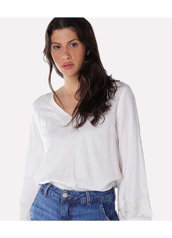Sob - Blusa Boho em Viscose Mangas Bordada - Branco