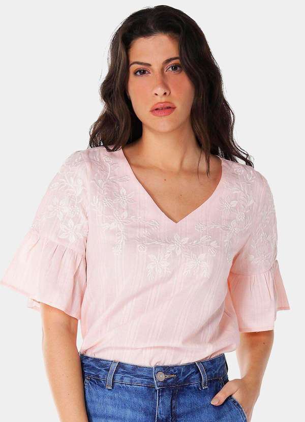 Sob - Blusa Bordada Gola V com Mangas 3/4 Algodão Boho - Rosa