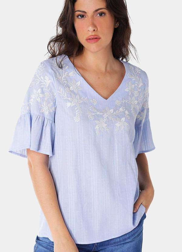 Sob - Blusa Bordada Gola V com Mangas 3/4 Algodão Boho - Azul 2
