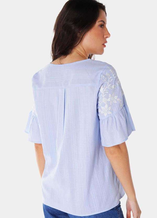 Sob - Blusa Bordada Gola V com Mangas 3/4 Algodão Boho - Azul 3