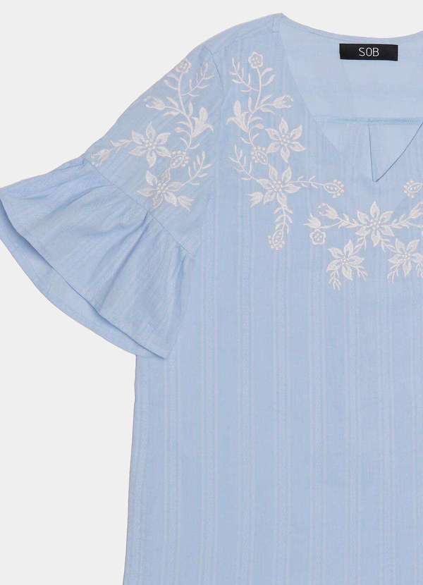 Sob - Blusa Bordada Gola V com Mangas 3/4 Algodão Boho - Azul 4