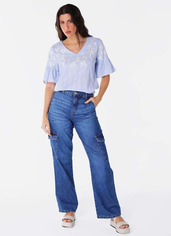 Sob - Blusa Bordada Gola V com Mangas 3/4 Algodão Boho - Azul 5