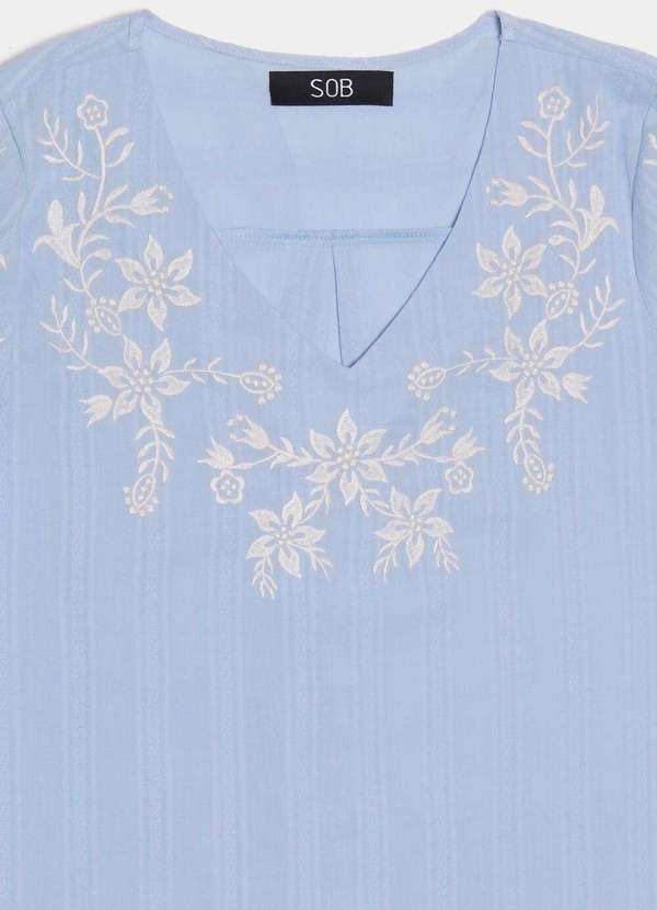 Sob - Blusa Bordada Gola V com Mangas 3/4 Algodão Boho - Azul 7