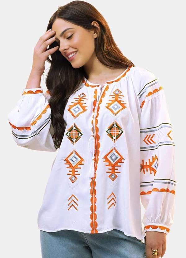 Sob - Blusa Branca Boho Bordada em Viscose com Mangas - Branco 2